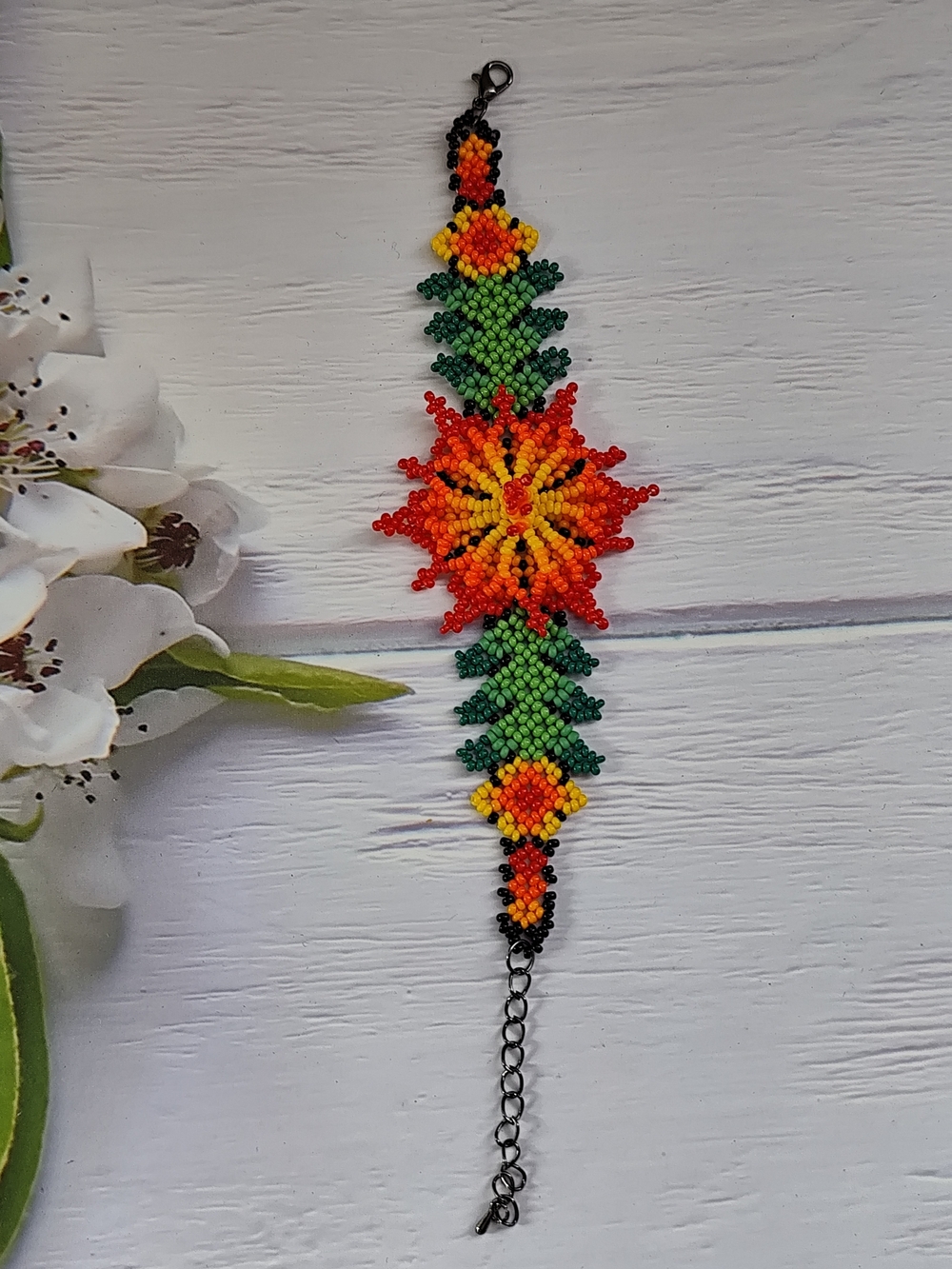 Handmade Floral Beaded Bracelet - Red, Orange, Yellow & Green